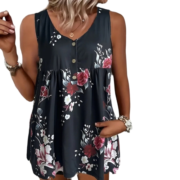 Tops - Floral Tank Top With Buttons